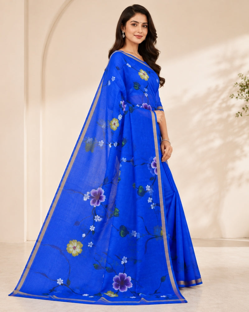 Royal Blue Printed Kota Doria Saree with Floral Vine Design & Zari Border