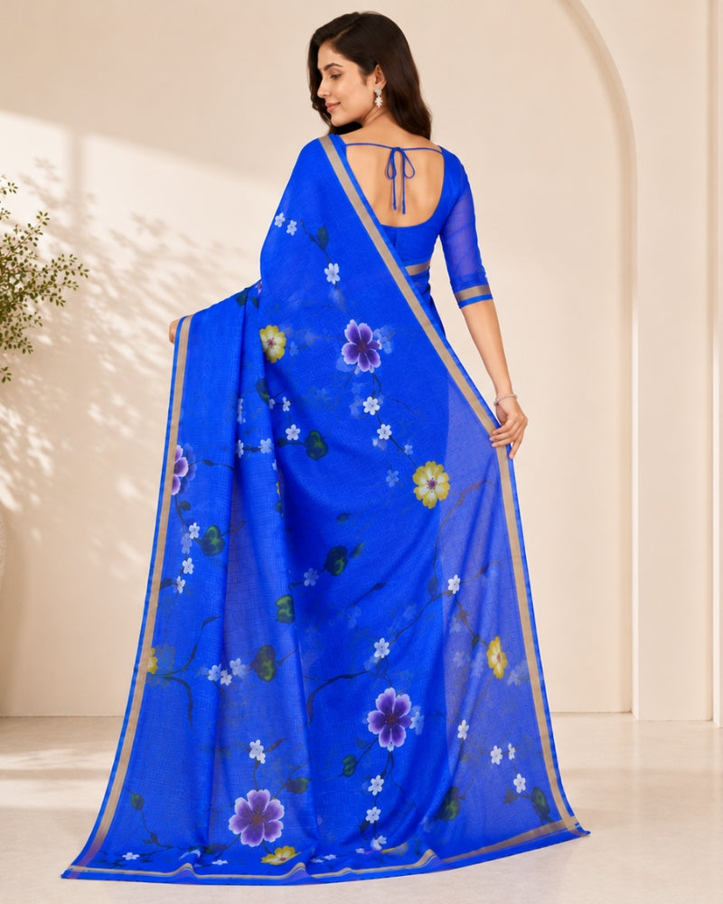 Royal Blue Printed Kota Doria Saree with Floral Vine Design & Zari Border