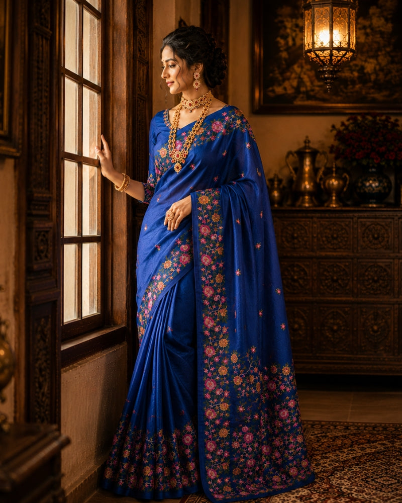 Royal Blue Bhagalpuri Tussar Silk Embroidered Saree for Women