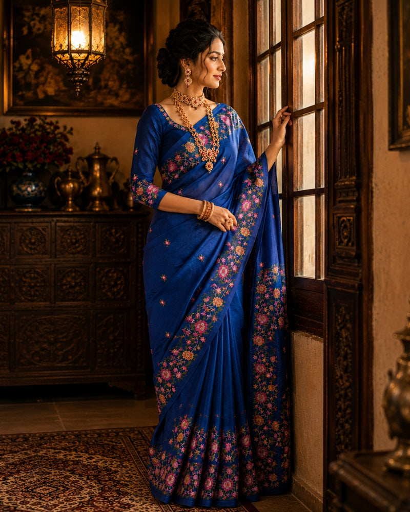 Royal Blue Bhagalpuri Tussar Silk Embroidered Saree for Women