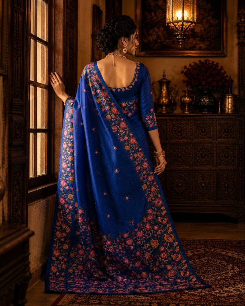 Royal Blue Bhagalpuri Tussar Silk Embroidered Saree for Women