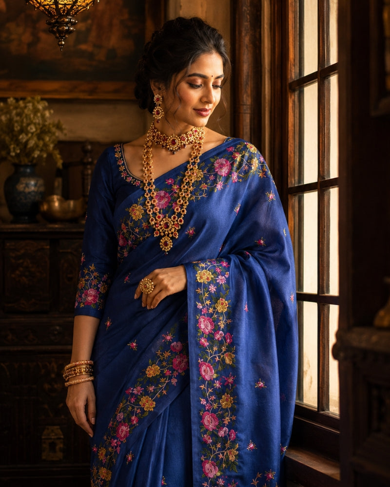 Royal Blue Bhagalpuri Tussar Silk Embroidered Saree for Women