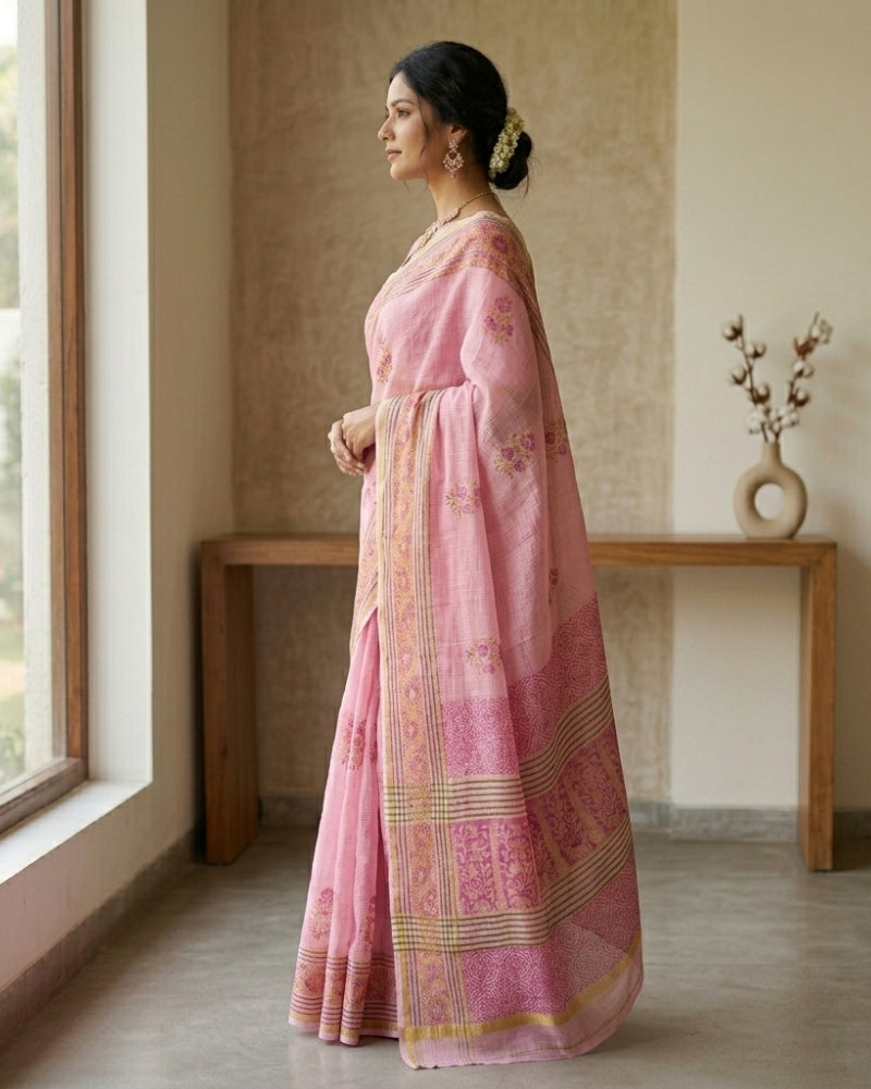 Elegant Pink Cotton Kota Doria Hand Block Printed Saree with Traditional Border