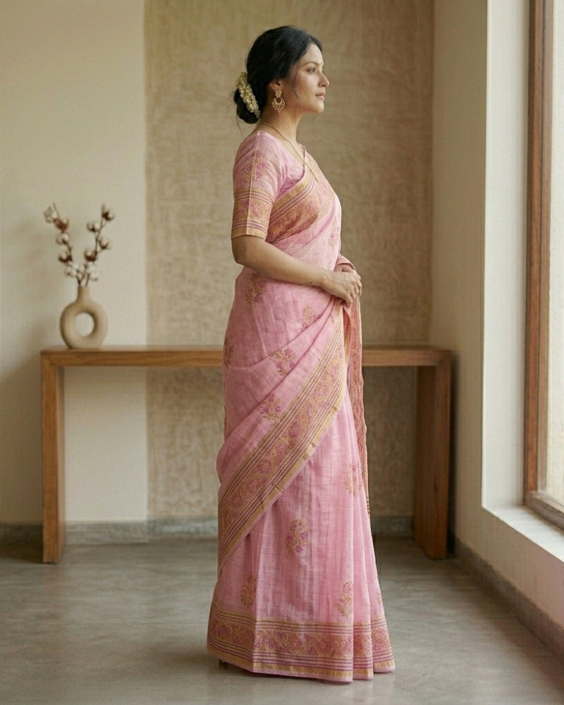 Elegant Pink Cotton Kota Doria Hand Block Printed Saree with Traditional Border