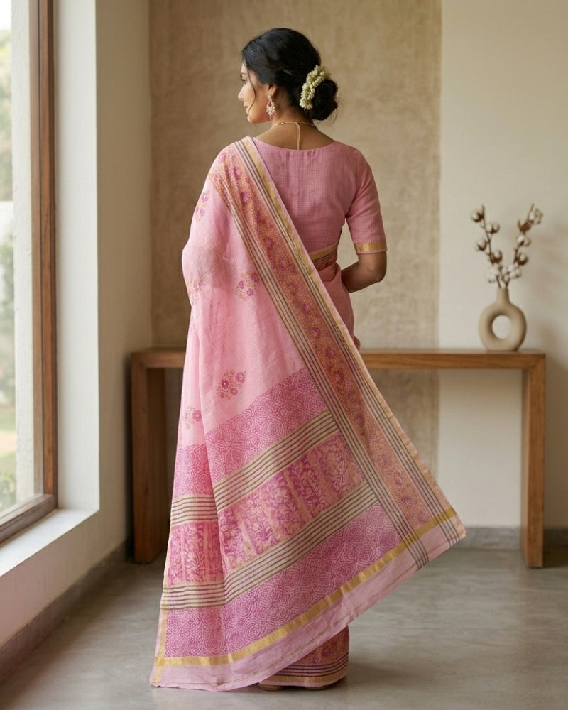 Elegant Pink Cotton Kota Doria Hand Block Printed Saree with Traditional Border
