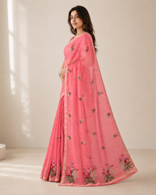 Coral Pink Cotton Kota Doria Embroidered Saree with Floral Embroidery & Zari Border | Doria Vastra