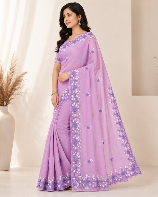 Lavender Cotton Kota Doria Embroidery Saree