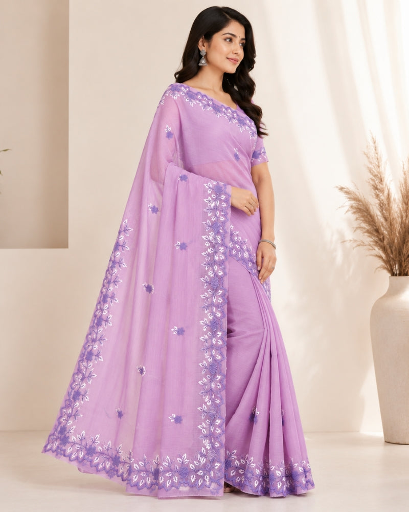 Lavender Cotton Kota Doria Embroidery Saree