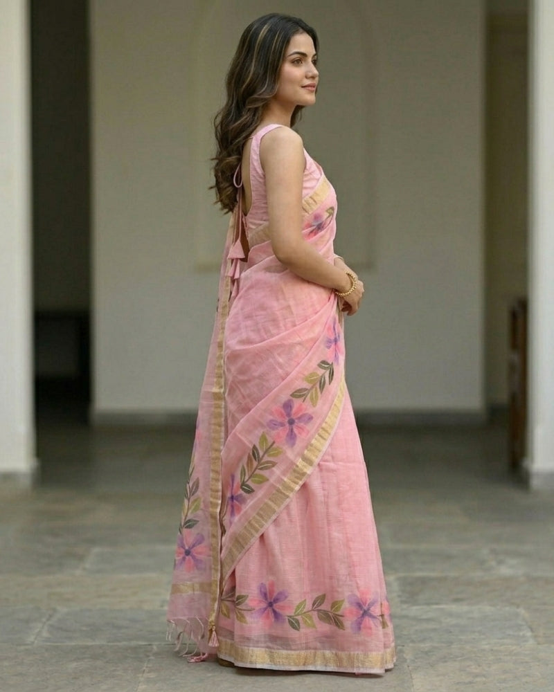 Cotton Kota Hand Brush Painted Saree with Floral Design & Golden Border