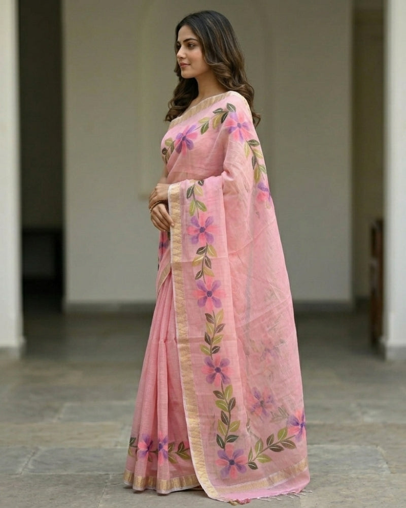 Cotton Kota Hand Brush Painted Saree with Floral Design & Golden Border