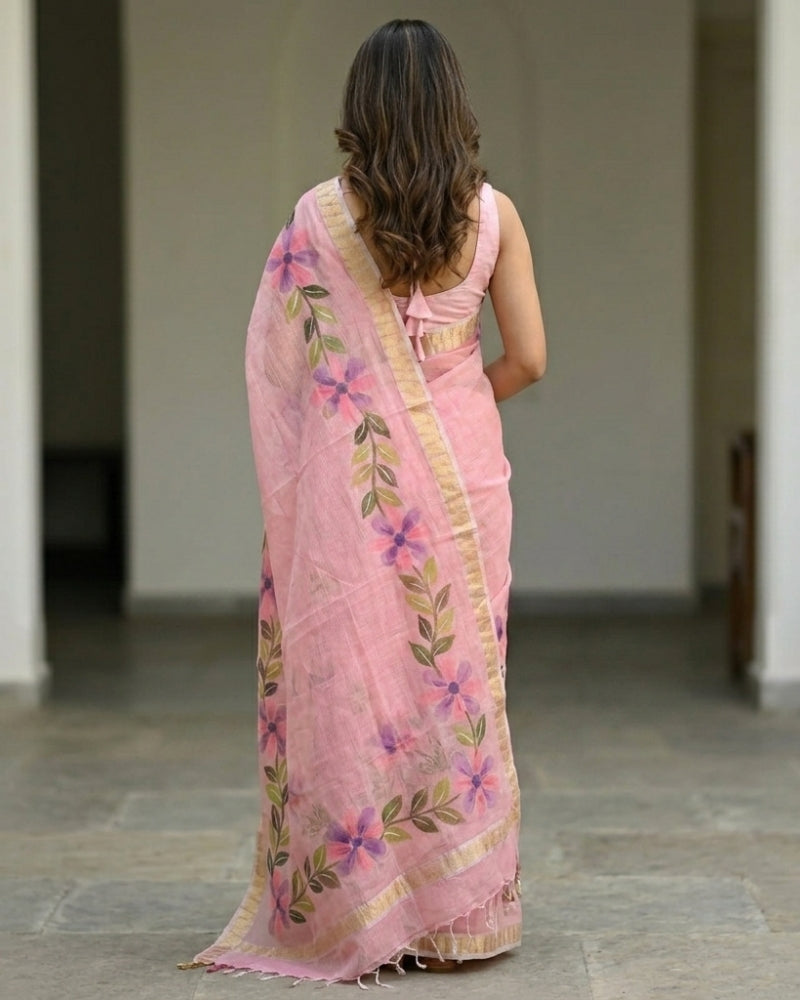 Cotton Kota Hand Brush Painted Saree with Floral Design & Golden Border
