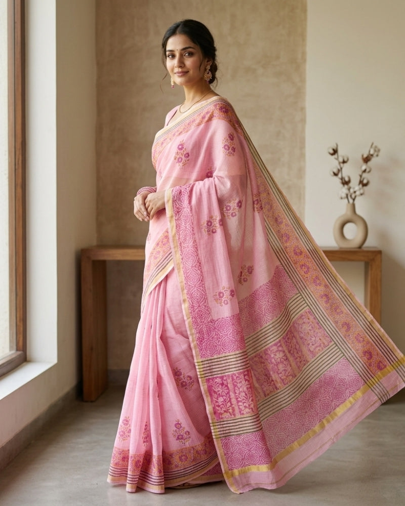 Elegant Pink Cotton Kota Doria Hand Block Printed Saree with Traditional Border