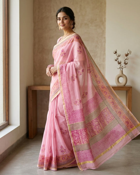 Elegant Pink Cotton Kota Doria Hand Block Printed Saree with Traditional Border