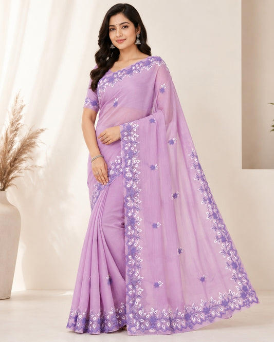 Lavender Cotton Kota Doria Embroidery Saree