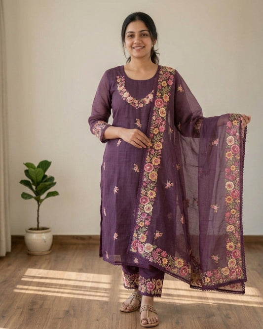 Soft Cotton Kota Doria Dress Material with Floral Embroidery – Purple Shade with Dupatta