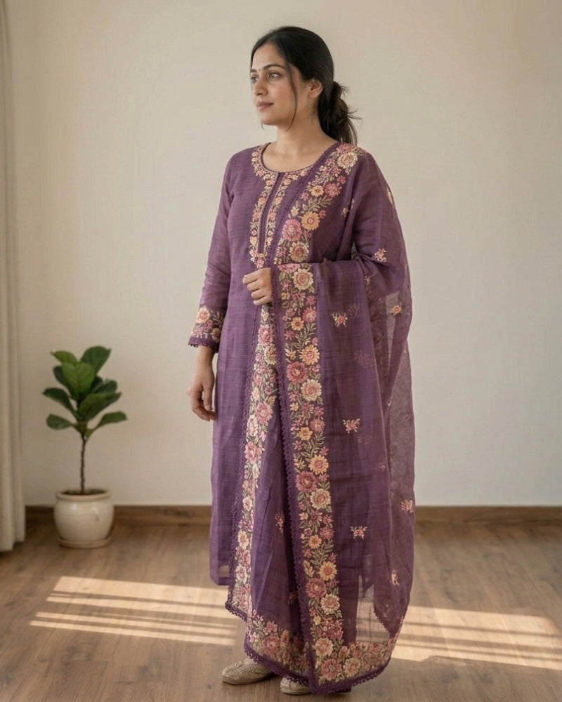 Soft Cotton Kota Doria Dress Material with Floral Embroidery – Purple Shade with Dupatta