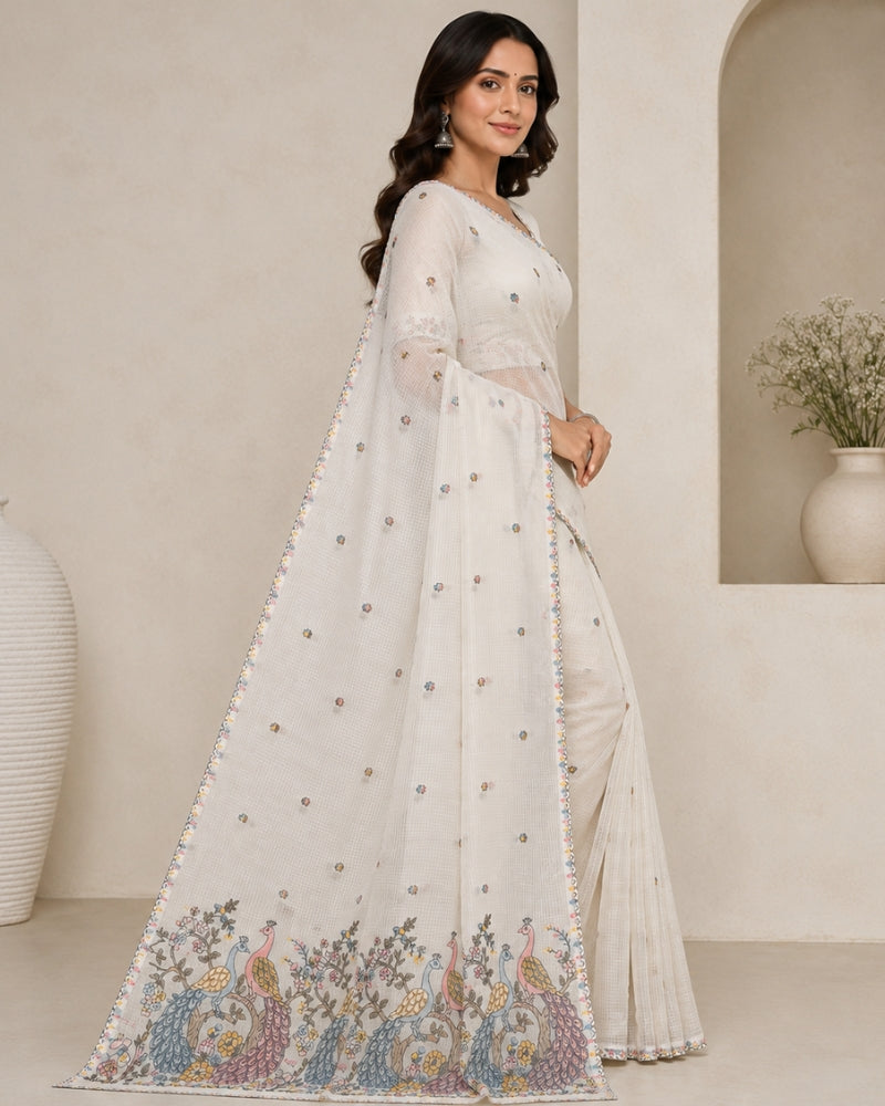 Soft Silk Kota Doria Saree with Multicolor Peacock Border & Floral Buti | Handloom Lightweight Ethnic Saree