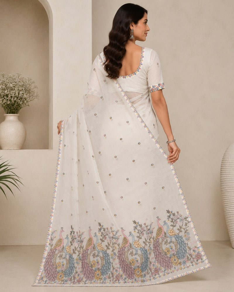 Soft Silk Kota Doria Saree with Multicolor Peacock Border & Floral Buti | Handloom Lightweight Ethnic Saree