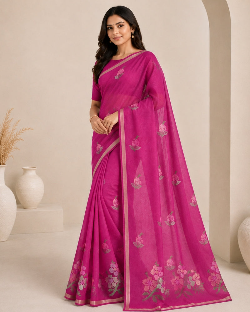 Cotton Kota Doria Embroidery Saree in Rani Pink | Floral Designer Saree for Women
