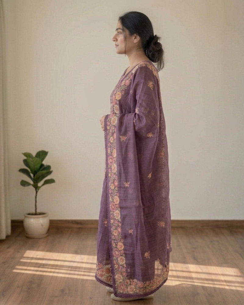 Soft Cotton Kota Doria Dress Material with Floral Embroidery – Purple Shade with Dupatta