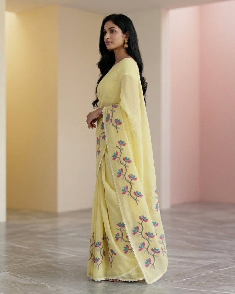 Elegant Yellow Cotton Kota Embroidery Saree | Soft Lightweight Designer Saree for Women