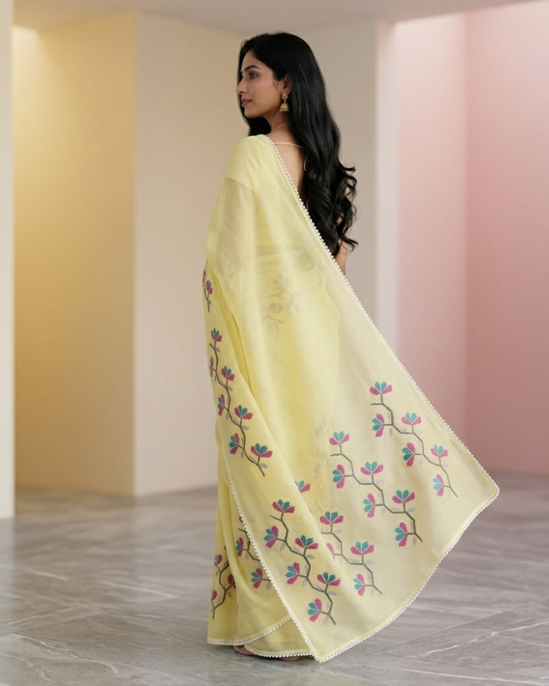 Elegant Yellow Cotton Kota Embroidery Saree | Soft Lightweight Designer Saree for Women