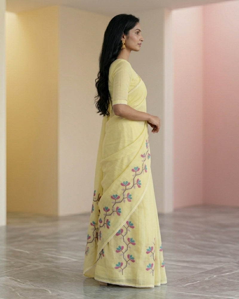 Elegant Yellow Cotton Kota Embroidery Saree | Soft Lightweight Designer Saree for Women