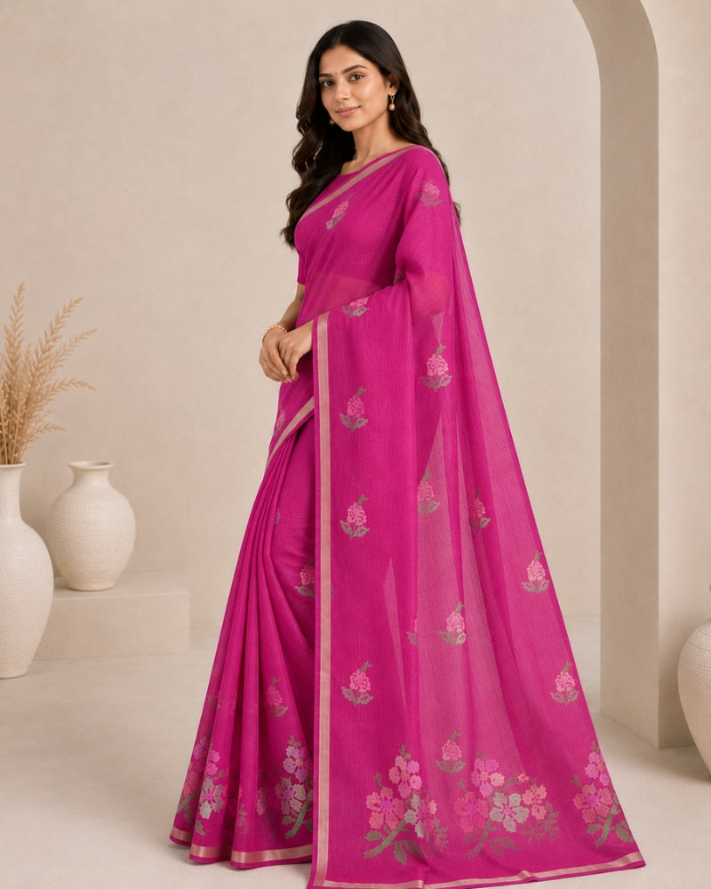 Cotton Kota Doria Embroidery Saree in Rani Pink | Floral Designer Saree for Women