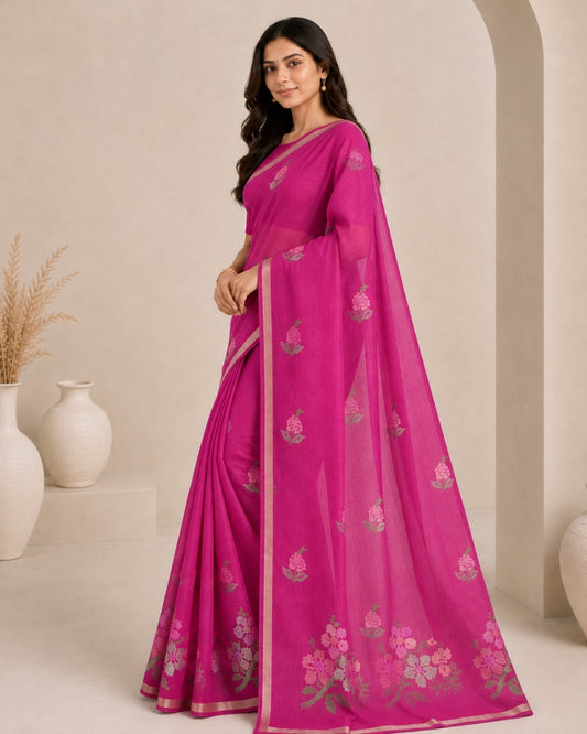 Cotton Kota Doria Embroidery Saree in Rani Pink | Floral Designer Saree for Women