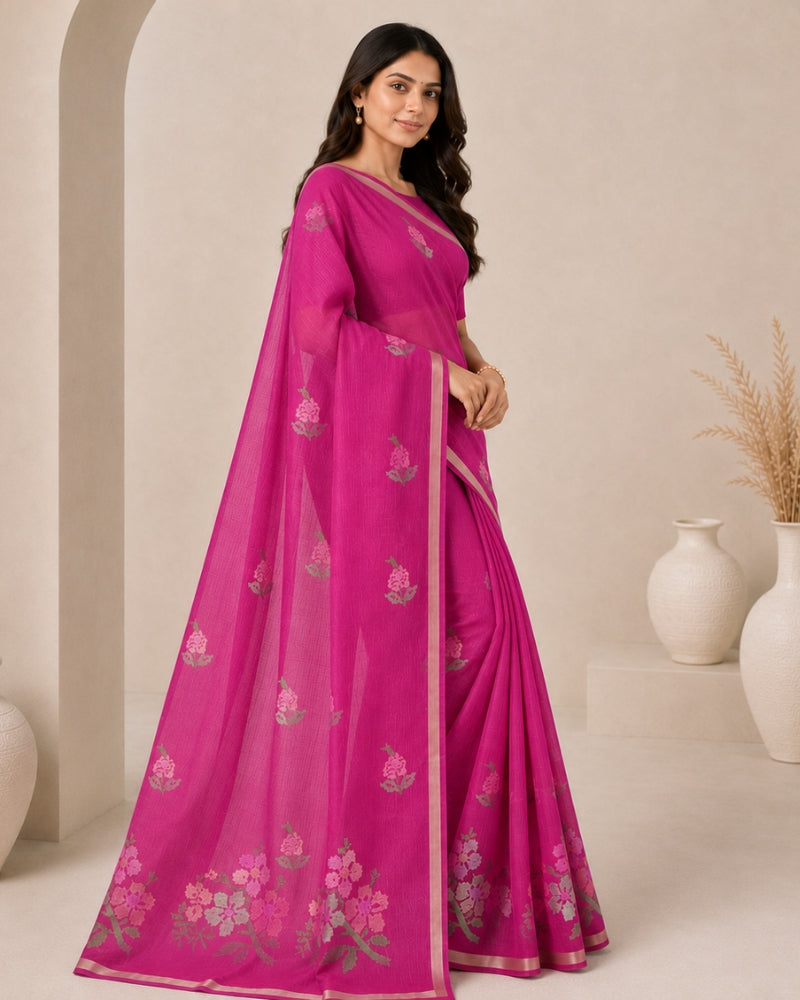 Cotton Kota Doria Embroidery Saree in Rani Pink | Floral Designer Saree for Women