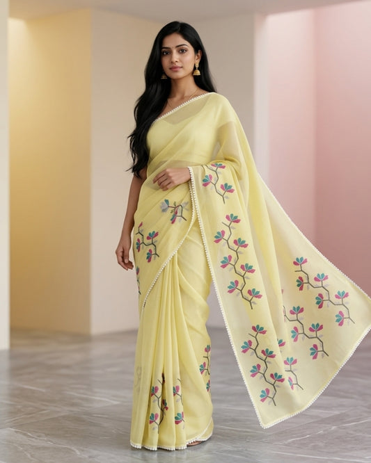 Elegant Yellow Cotton Kota Embroidery Saree | Soft Lightweight Designer Saree for Women
