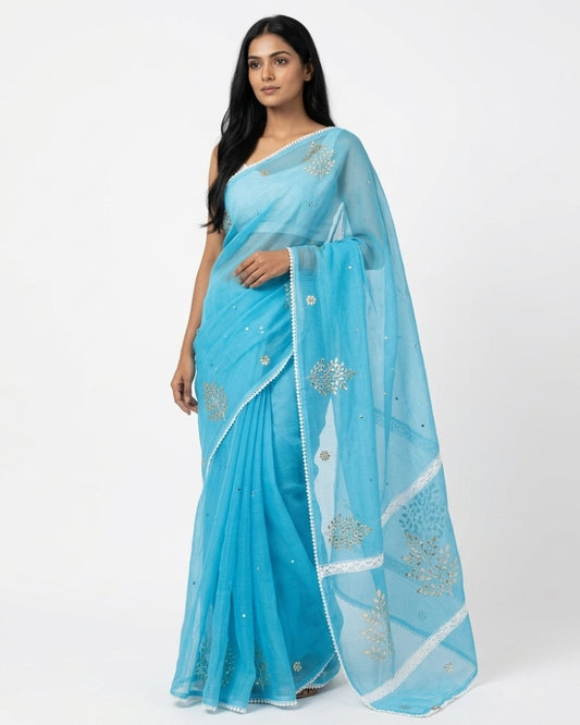 Sky Blue Kota Doria Gotta Patti Work Saree | Lightweight Festive Wear Saree