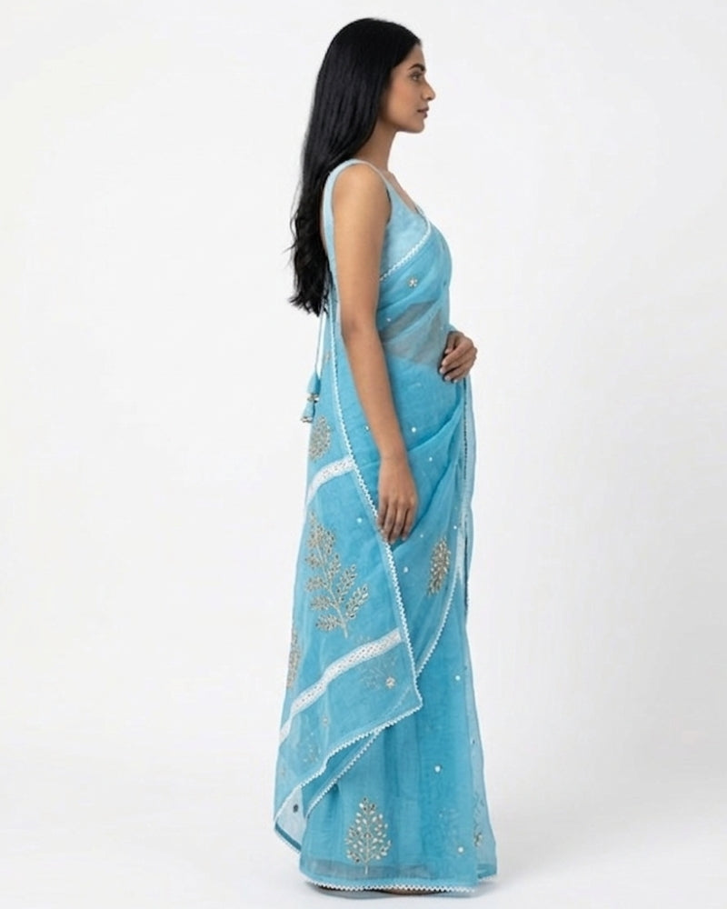 Sky Blue Kota Doria Gotta Patti Work Saree | Lightweight Festive Wear Saree