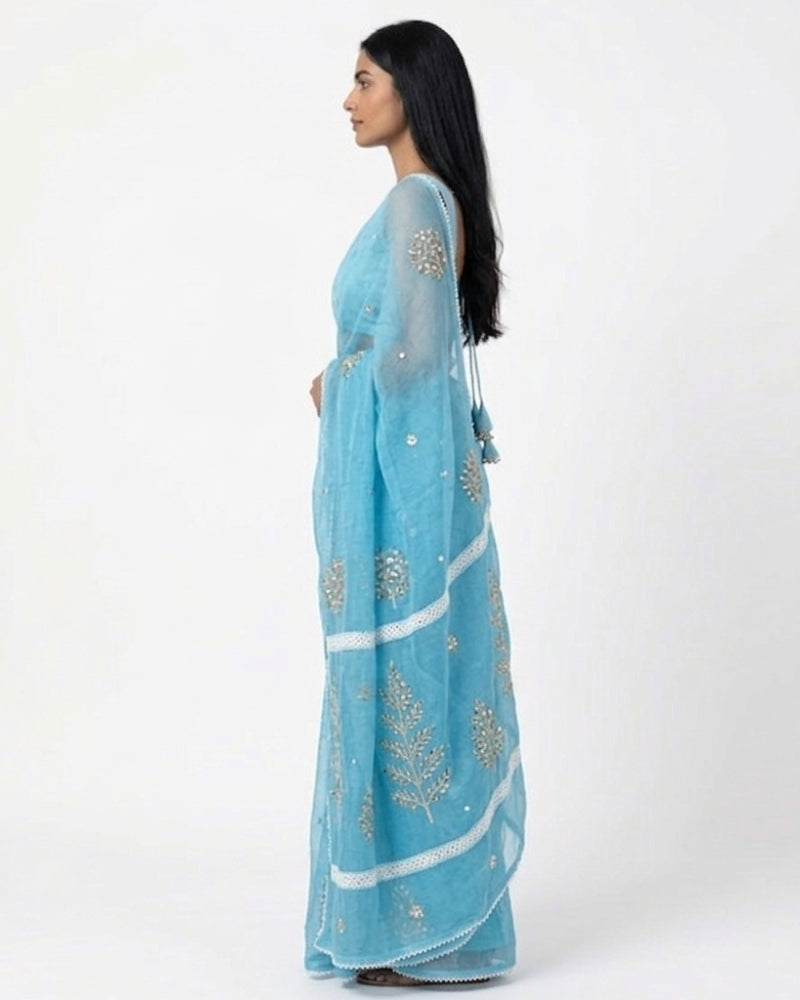 Sky Blue Kota Doria Gotta Patti Work Saree | Lightweight Festive Wear Saree