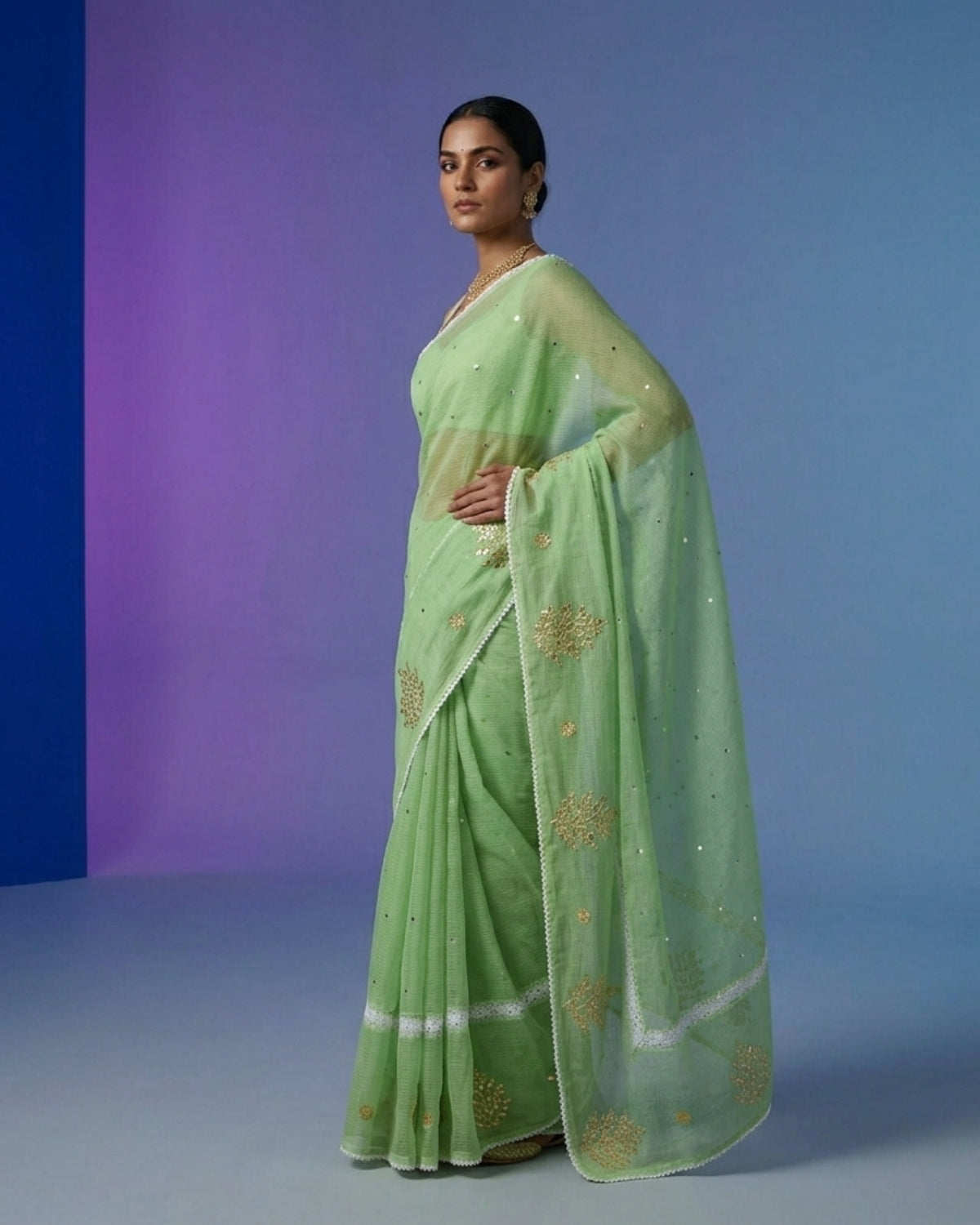 Premium Cotton Kota Doria Saree with Elegant Gota Patti Work – Light Green Designer Saree