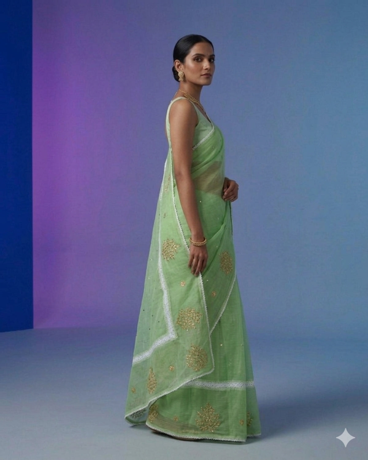 Premium Cotton Kota Doria Saree with Elegant Gota Patti Work – Light Green Designer Saree