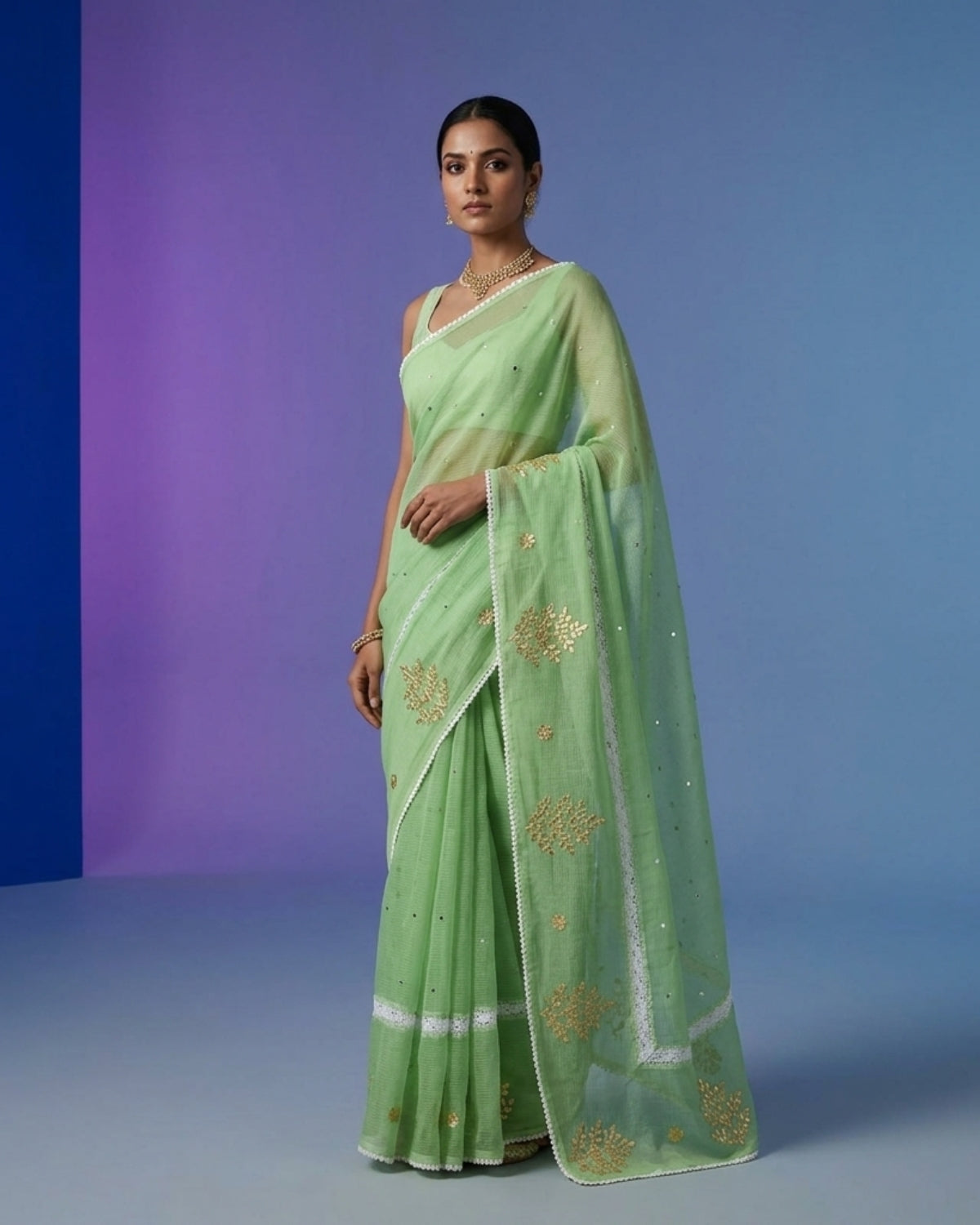 Premium Cotton Kota Doria Saree with Elegant Gota Patti Work – Light Green Designer Saree