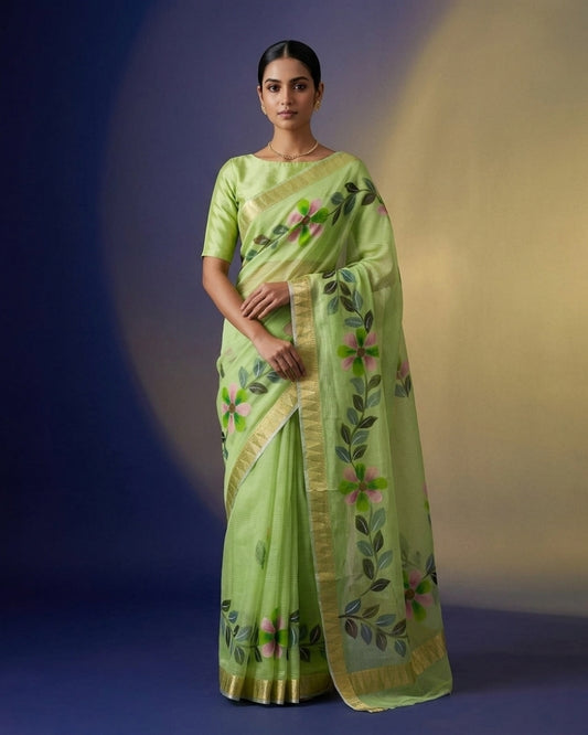 Handcrafted Cotton Kota Doria Brush Paint Saree – Light Green Floral Elegance with Zari Border