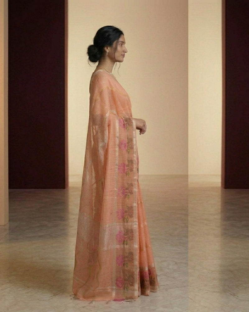 Pure Cotton Kota Doria Mirror Work Saree with Handwoven Floral Border – Peach