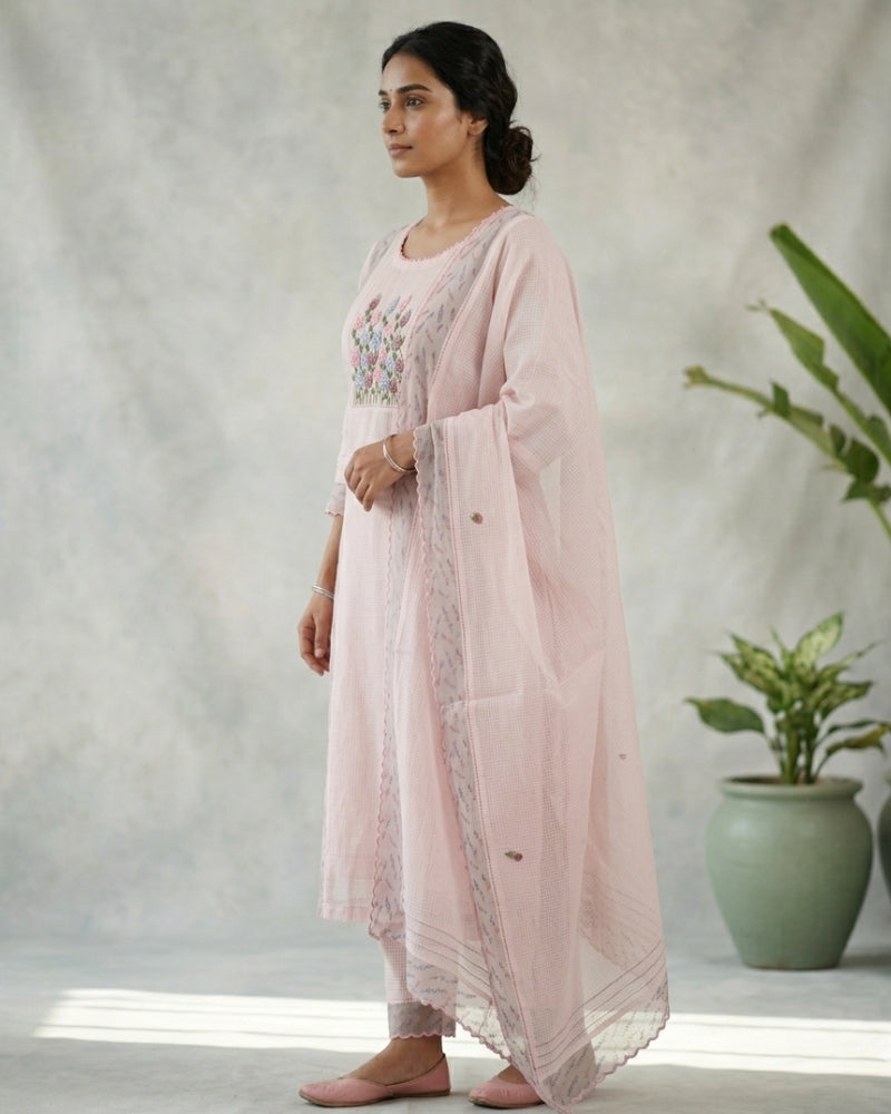 Soft Pink Kota Doria Embroidered Dress Material with Dupatta (3 Piece Set)
