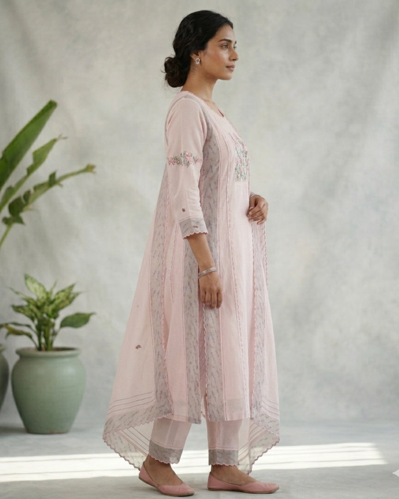 Soft Pink Kota Doria Embroidered Dress Material with Dupatta (3 Piece Set)
