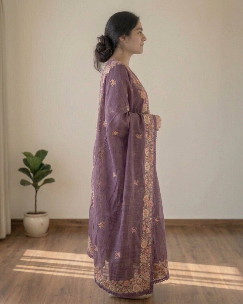 Soft Cotton Kota Doria Dress Material with Floral Embroidery – Purple Shade with Dupatta