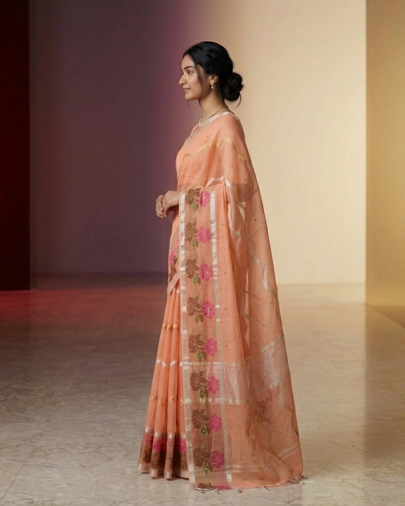 Pure Cotton Kota Doria Mirror Work Saree with Handwoven Floral Border – Peach