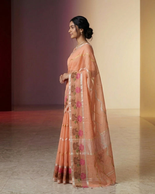 Pure Cotton Kota Doria Mirror Work Saree with Handwoven Floral Border – Peach