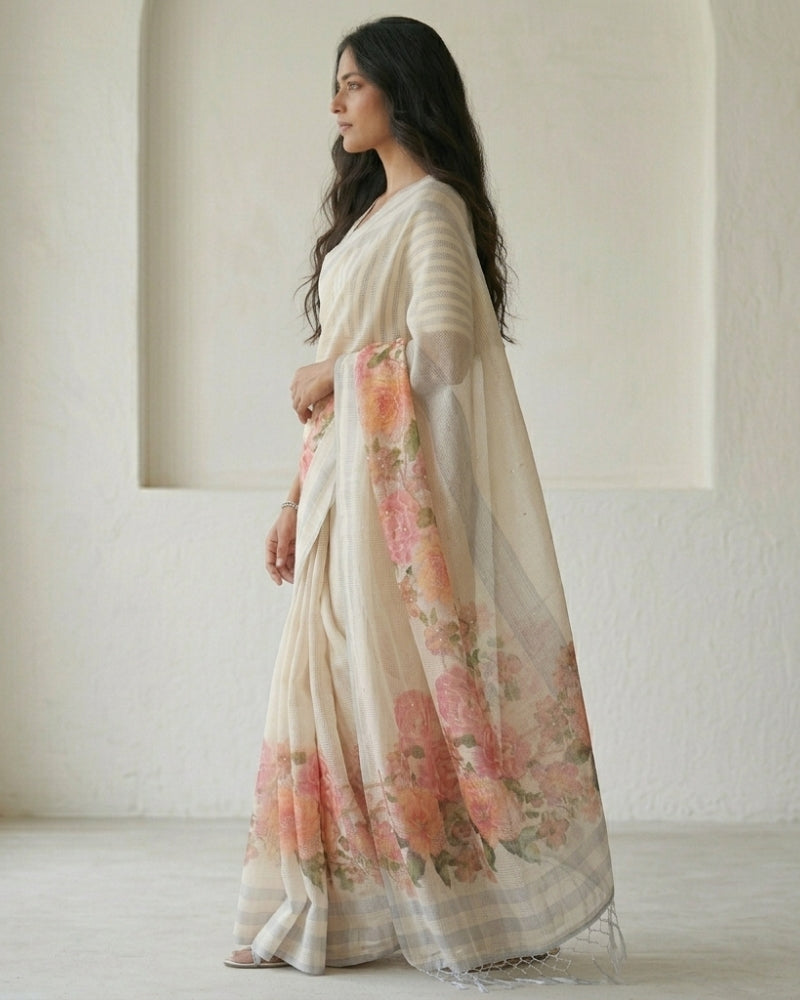 Elegant Cotton Kota Digital Floral Print & Mirror Work Saree with Tassels – Off White & Pink