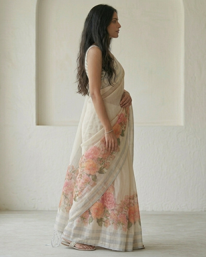 Elegant Cotton Kota Digital Floral Print & Mirror Work Saree with Tassels – Off White & Pink