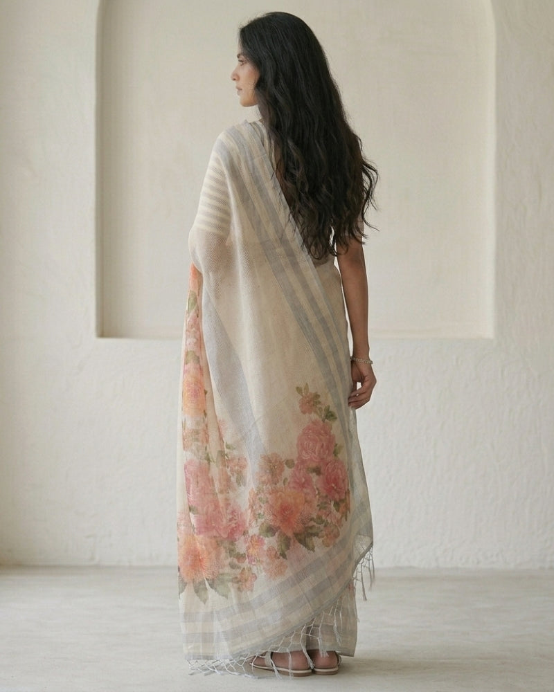 Elegant Cotton Kota Digital Floral Print & Mirror Work Saree with Tassels – Off White & Pink