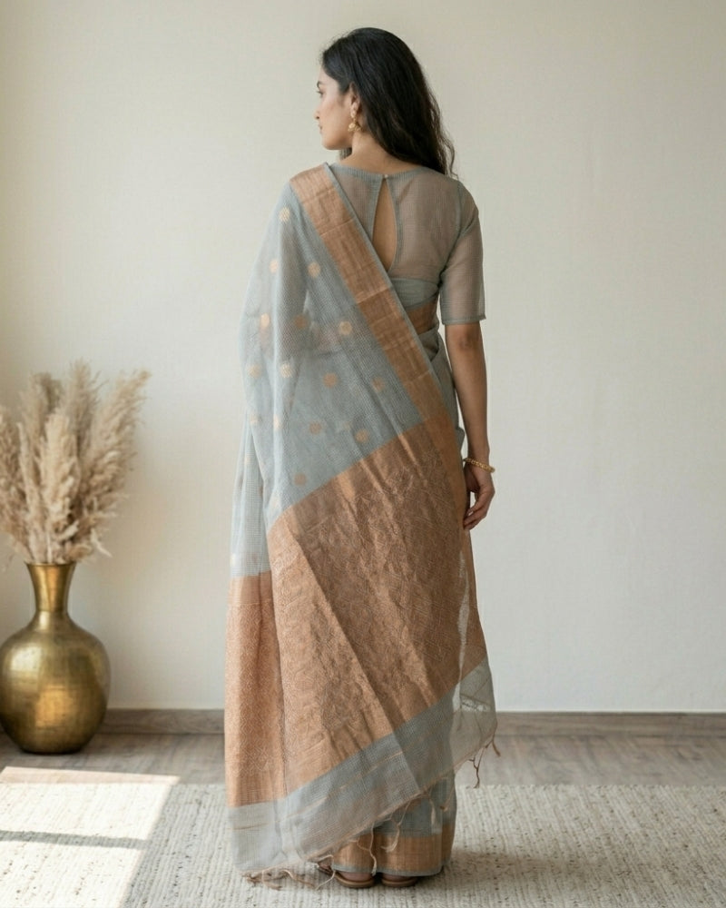 Grey Kota Doria Tissue Saree with Zari Border