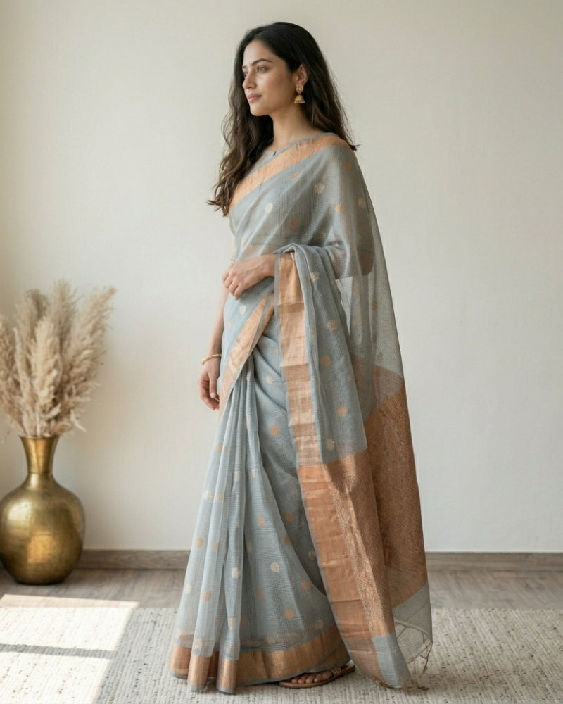 Grey Kota Doria Tissue Saree with Zari Border