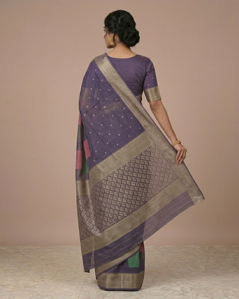 Elegant Purple Kota Tissue Powerloom Saree with Zari Border & Contemporary Pallu Design